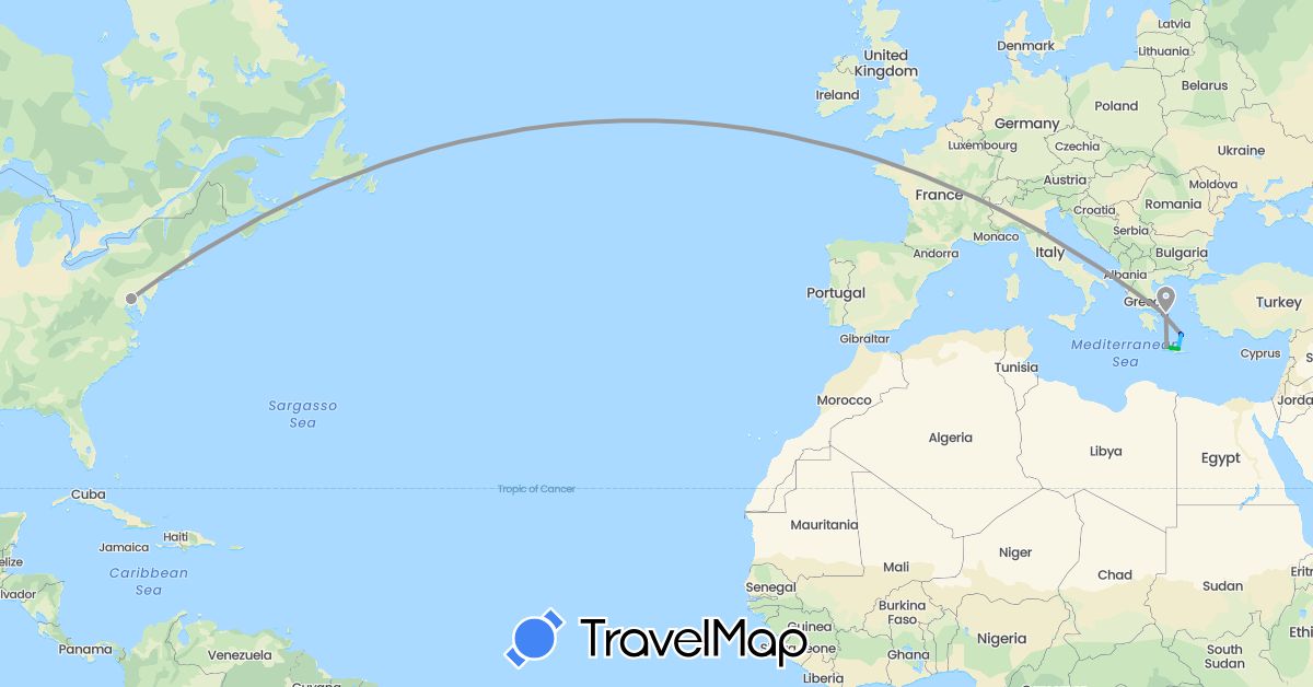 TravelMap itinerary: driving, bus, plane, hiking, boat in Greece, United States (Europe, North America)
